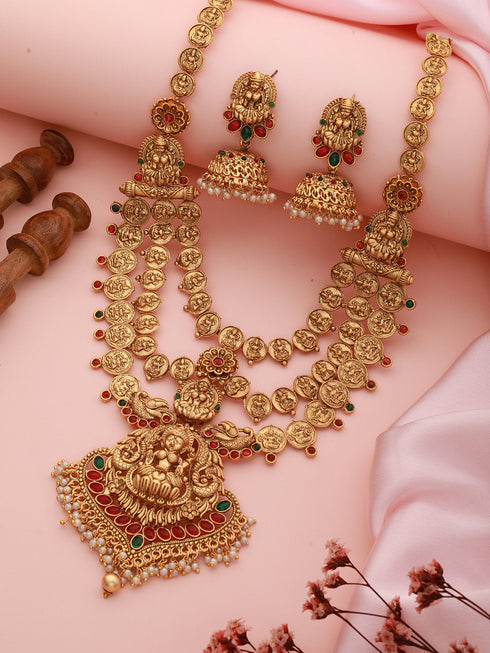 22K Gold-Plated Stone-Studded & Beaded Temple Lakshmiji Coin Bridal Jewellery Set