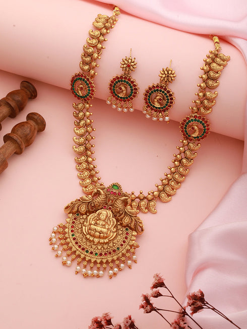 22K Gold-Plated Multi Stone-Studded Handcrafted Temple Luxury Jewellery Set