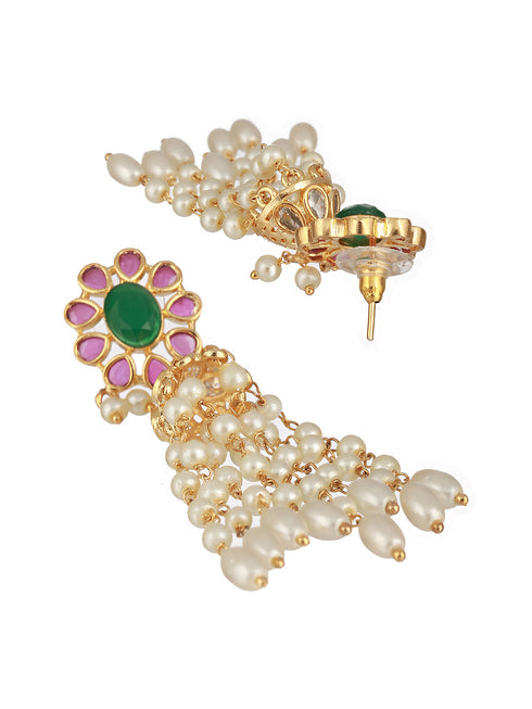 Gold plated Red Green AD Pearl Lightweight Jhumka Earrings