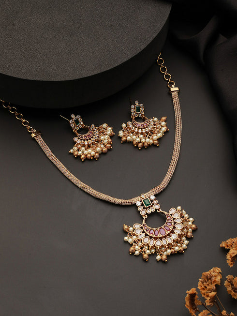 22k Gold Plated Red Kemp Chandbali Chain Necklace Jewellery Set