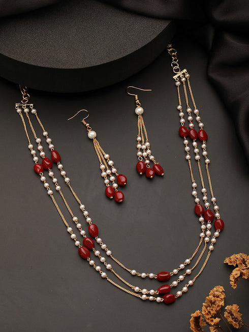 Gold Plated Red Pearl Maala Necklace Jewellery Set