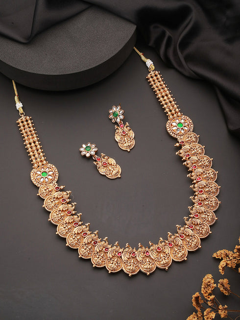 Gold Plated CZ Peacock Coin Temple Jewellery Set