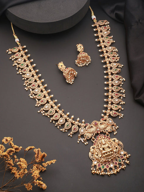 Gold Mango Pearl Drops Temple Lakshmi Devi Haram Necklace Jewellery Set