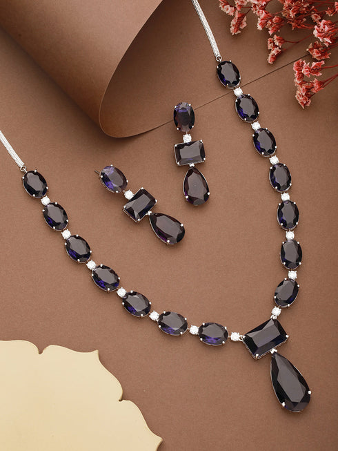 Silver Toned Blue Amethyst Doublet Studded Luxe Designer Necklace Jewellery Set