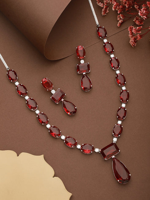 Silver Toned Red Ruby Designer Patywear Necklace Jewellery Set