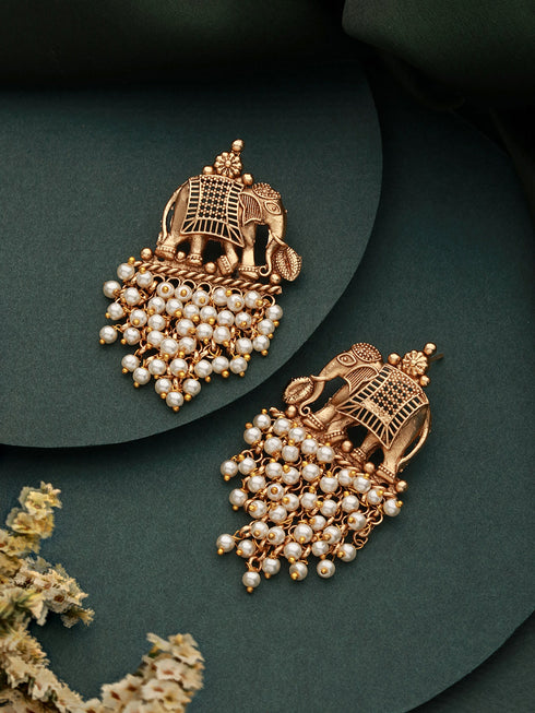 Gold Plated Pearl Beaded Temple Eleplant Motif Designer Earrings