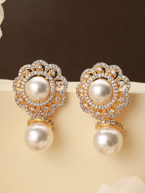 Gold Toned Ad & Pearl Beaded Floral Designer Studds Earrings