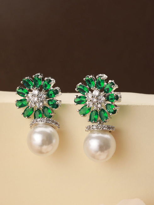 Silver Plated Green AD & Pearl Beaded Floral Earrings