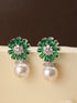 Silver Plated Green AD & Pearl Beaded Floral Earrings