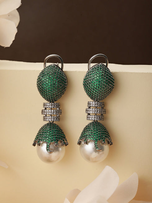 Green AD & Pearl Beaded Designer Luxe Drop Earrings