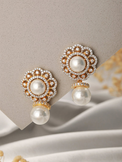 Gold Toned Ad & Pearl Beaded Floral Designer Studds Earrings