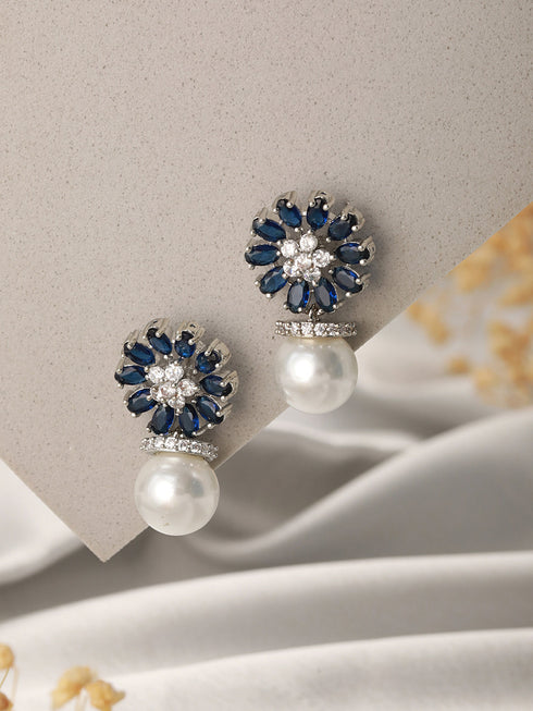 Silver Plated Blue AD & Pearl Beaded Floral Earrings