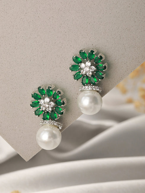 Silver Plated Green AD & Pearl Beaded Floral Earrings