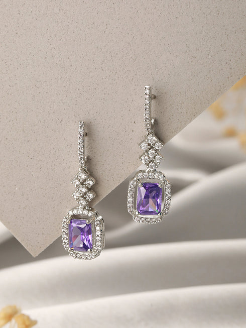 Silver Plated Lavender AD studded Minimal Officewear Drop Earrings