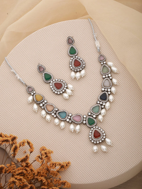 Silver Toned Multicolored Kundan & Pearl Beaded Designer Jewellery Set