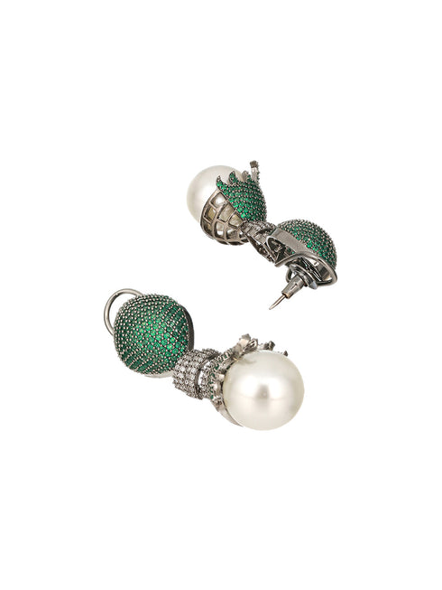 Green AD & Pearl Beaded Designer Luxe Drop Earrings