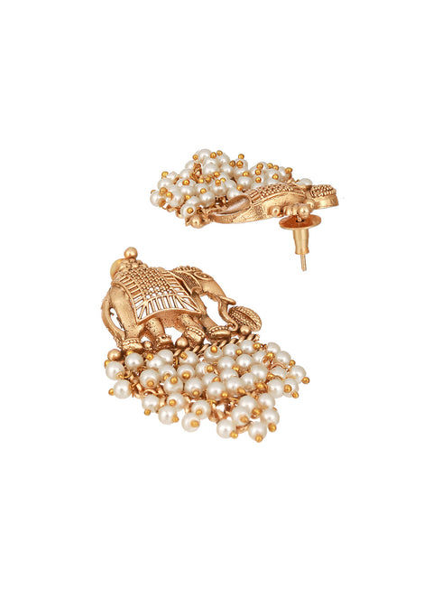 Gold Plated Pearl Beaded Temple Eleplant Motif Designer Earrings