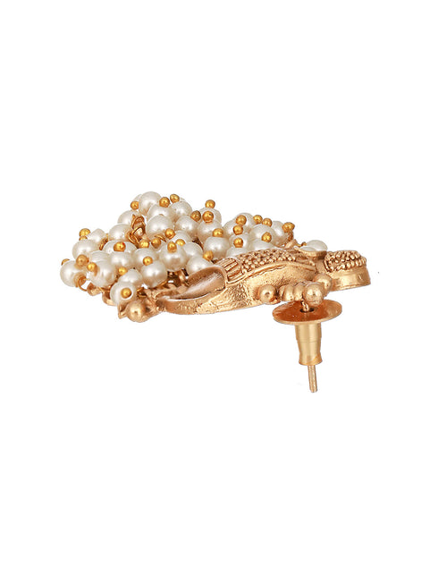 Gold Plated Pearl Beaded Temple Eleplant Motif Designer Earrings