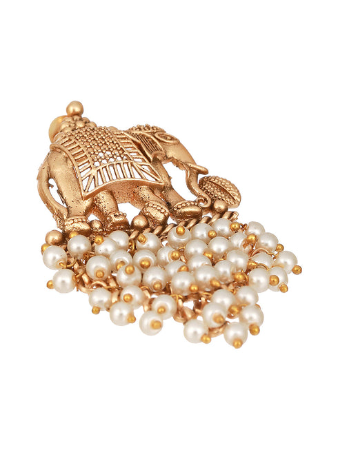 Gold Plated Pearl Beaded Temple Eleplant Motif Designer Earrings