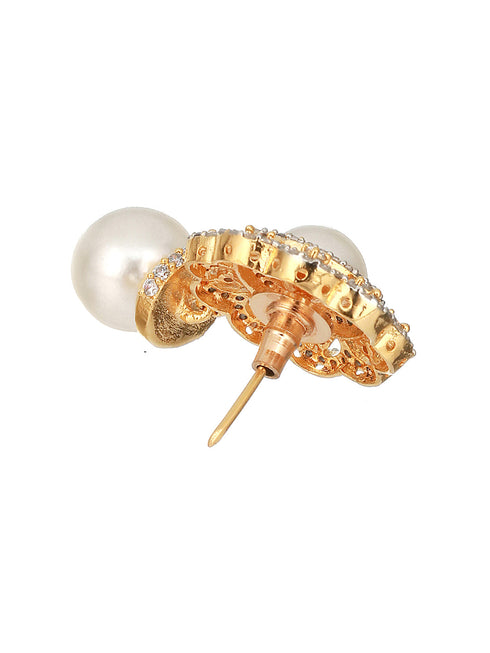 Gold Toned Ad & Pearl Beaded Floral Designer Studds Earrings