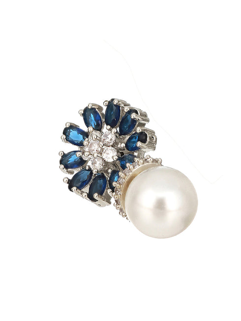 Silver Plated Blue AD & Pearl Beaded Floral Earrings