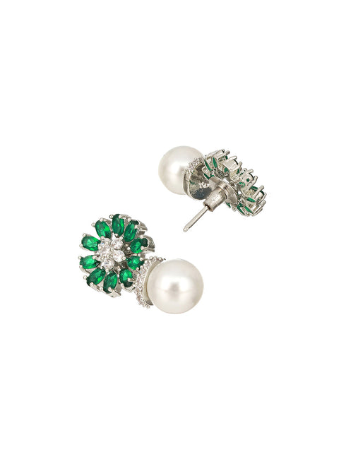 Silver Plated Green AD & Pearl Beaded Floral Earrings