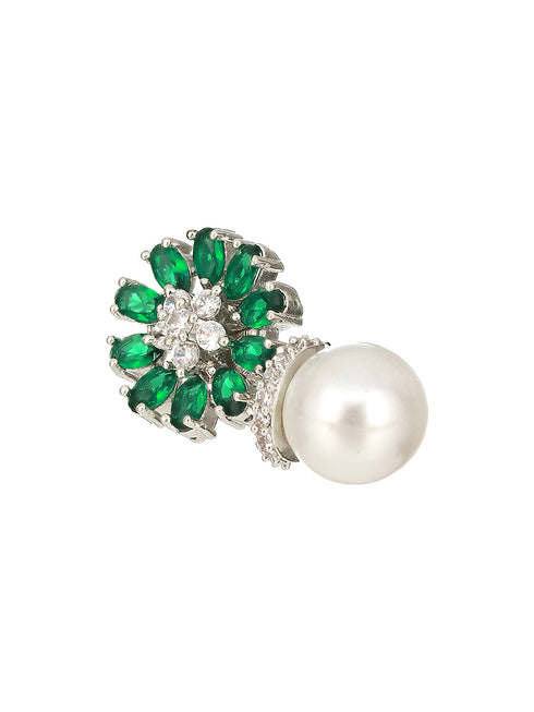 Silver Plated Green AD & Pearl Beaded Floral Earrings