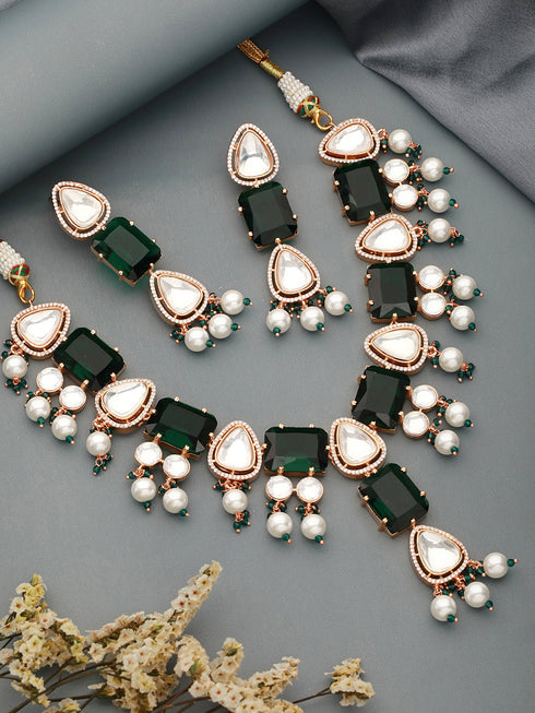 Gold Plated Emerald Green Ad & Original Kundan & Pearl Beaded Bridal Luxe Necklace Jewellery Set