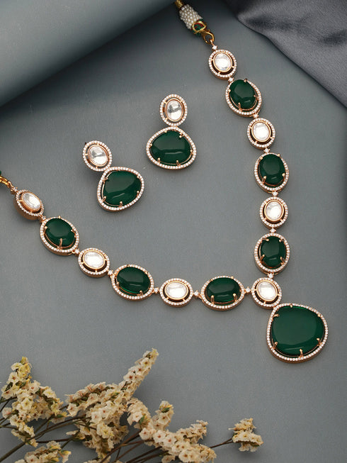 Gold Plated Emerald Green Kundan Studded Designer Luxe Bridal Jewellery Set