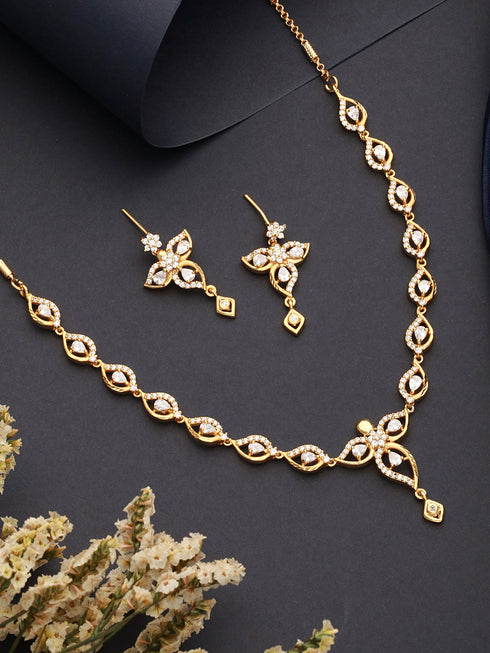 Gold Plated AD Studded Floral Pendant Minimal Jewellery Set