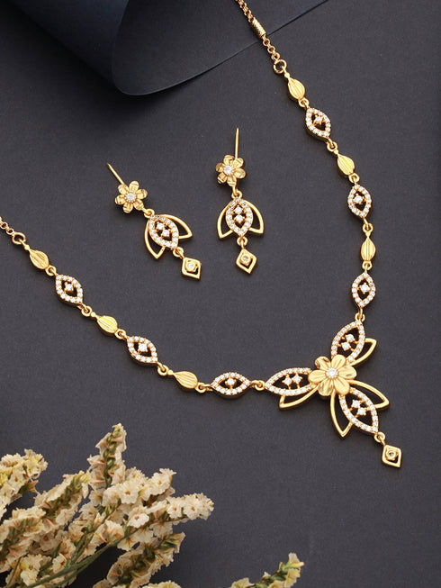 Gold Plated CZ Studded Floral Pendant Minimal Necklace Jewellery Set