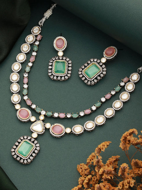 Gold Toned Pink & Mint Kundan Studded Double Lined Bridal Jewellery Set