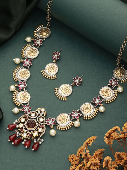Dual Toned Silver Oxidised Maroon Pearl Beaded Floral Statement jewellery Set