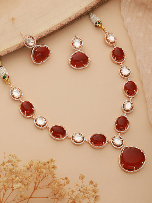 Gold Plated Ruby Red Original Kundan Studded Luxe Bridal Jewellery Set