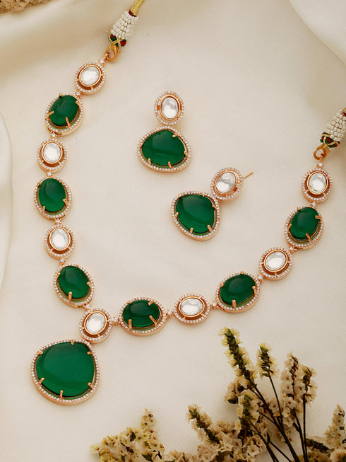 Gold Plated Emerald Green Kundan Studded Designer Luxe Bridal Jewellery Set
