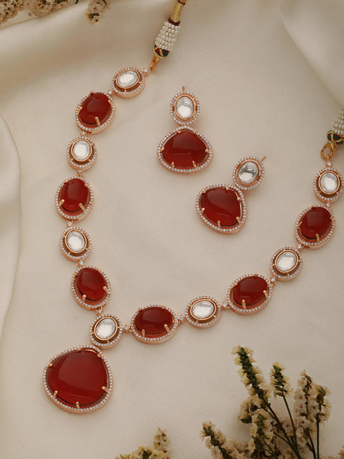 Gold Plated Ruby Red Original Kundan Studded Luxe Bridal Jewellery Set