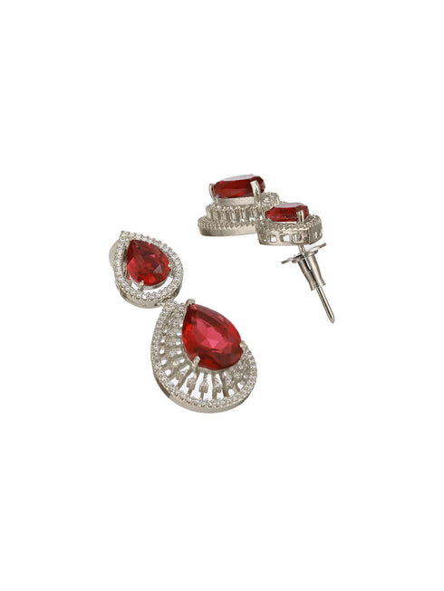 Silver Plated Red AD Studded Geometric Statement Necklace Jewellery Set
