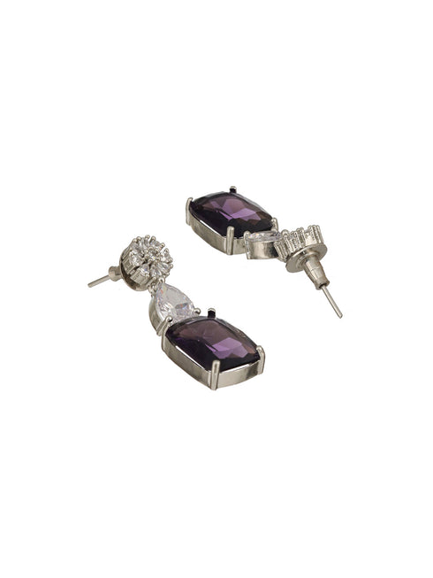 Silver Plated Amethyst Purple AD Long Single Line Statement Pendant Jewellery Set