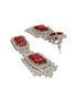 Silver Toned Red Zircon Statement Dangler Clip Earrings