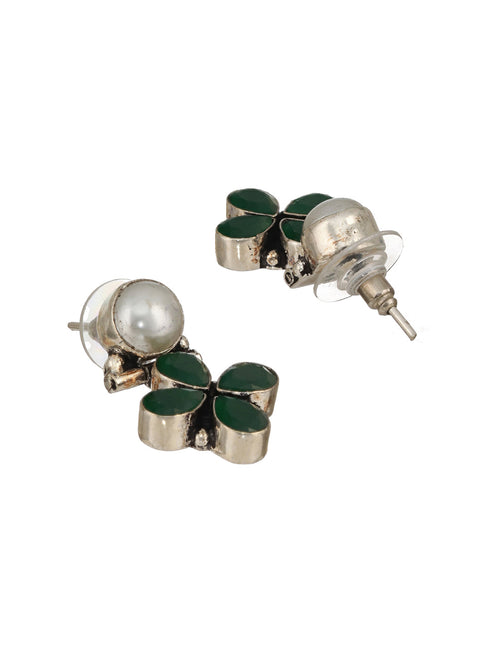 Silver Oxidised Green Stone & Pearl Drop Minimal Earrings