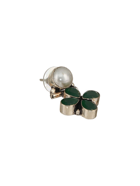 Silver Oxidised Green Stone & Pearl Drop Minimal Earrings