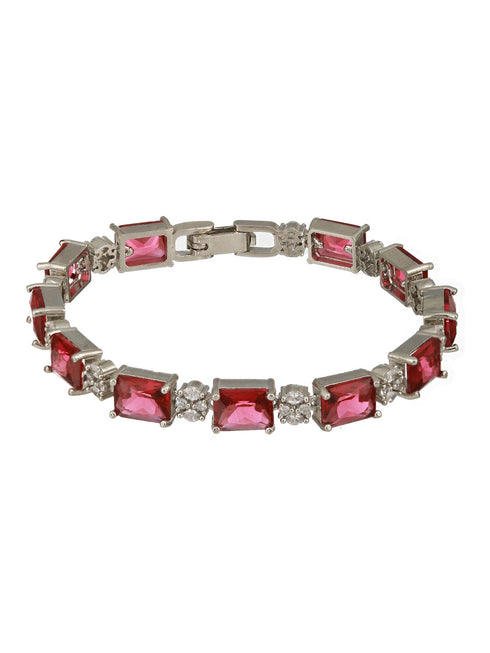 Silver Toned Red AD Studded Minimal Link Tennis Bracelet