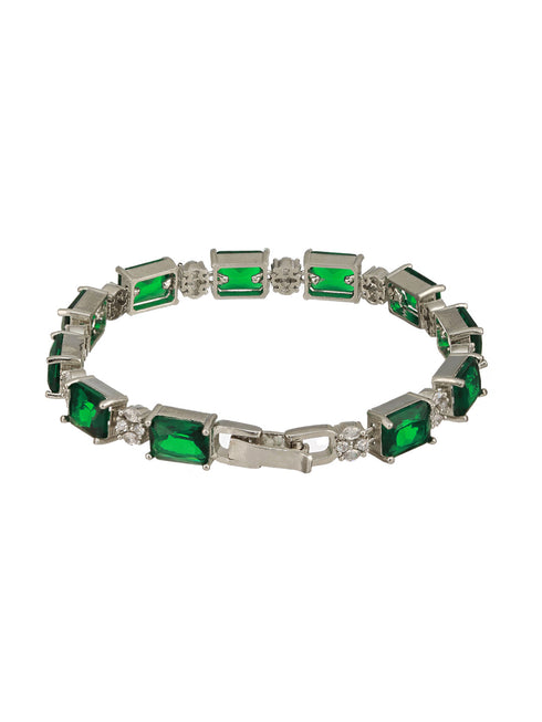Silver Toned Emarald Green CZ Studded Minimal Link Tennis Bracelet