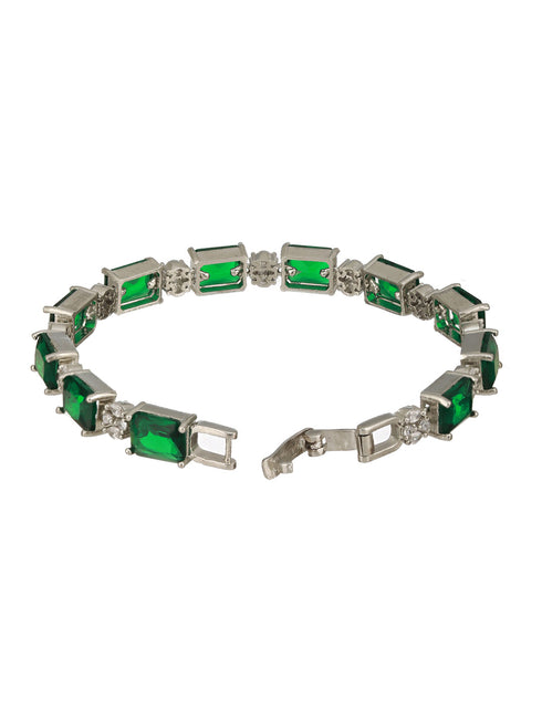 Silver Toned Emarald Green CZ Studded Minimal Link Tennis Bracelet