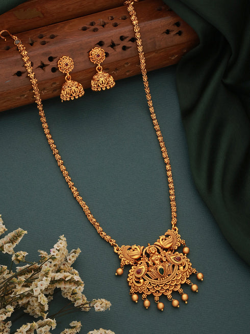 Antique Gold Polish Temple Lakshmiji Long Haram Mala Jewellery Set