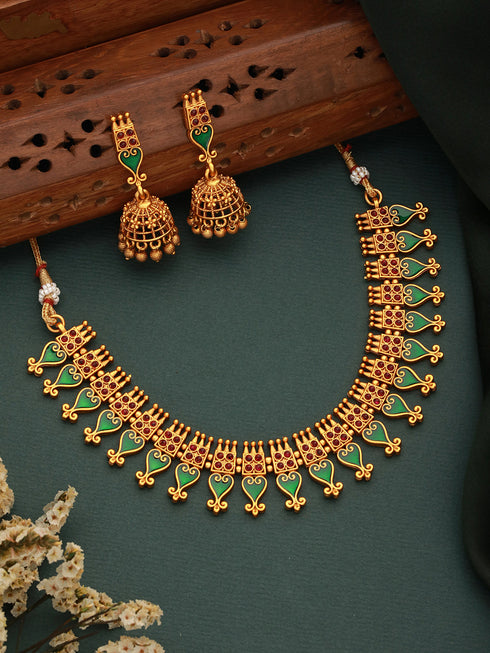 Gold Toned Green Enamelled Kerala tradition Nagapadam Floral Choker Jewellery Set