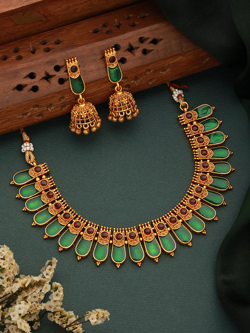 Gold Plated Traditional Green Nagapadam Necklace Jewellery Set