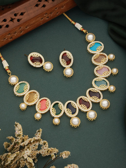 Gold Plated Nav Ratan Kundan & Pearl Beaded Statement Choker Jewellery Set