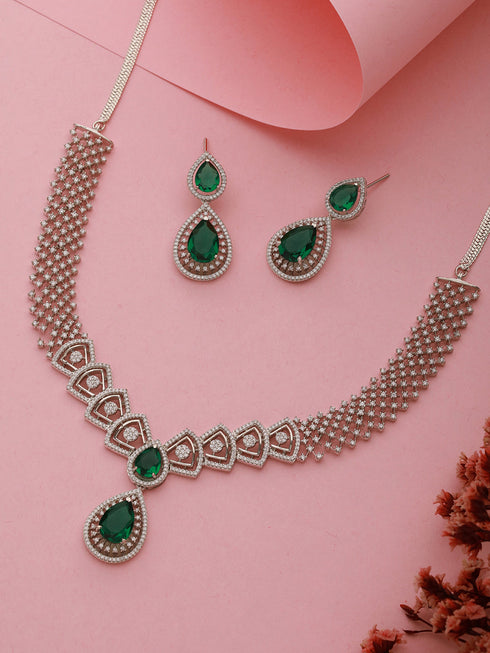 Silver Toned Green AD Studded Geometric Statement Necklace Jewellery Set