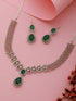 Silver Toned Green AD Studded Geometric Statement Necklace Jewellery Set